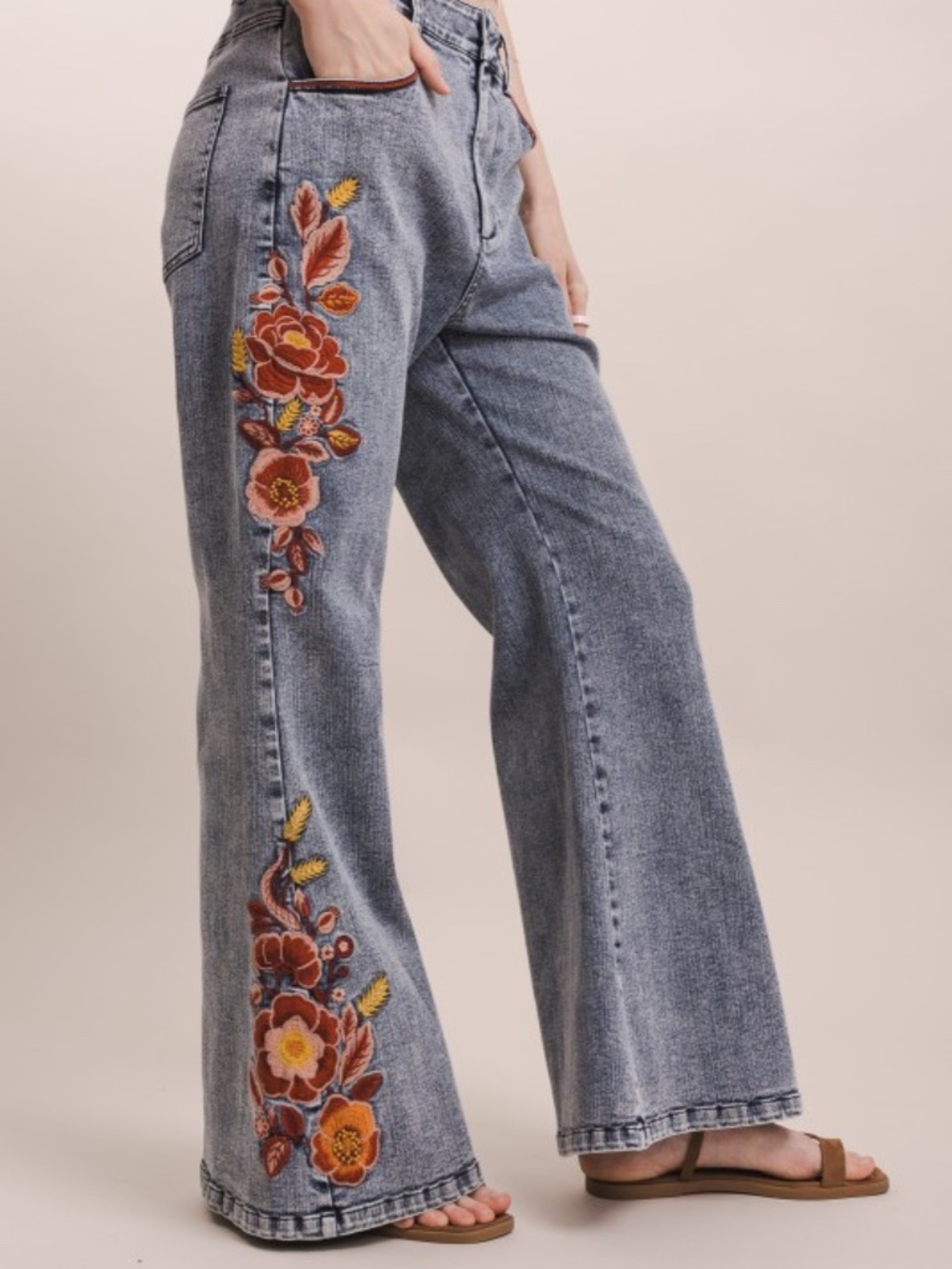 "The Everleigh" Flower Embroidery Wide Leg Pants